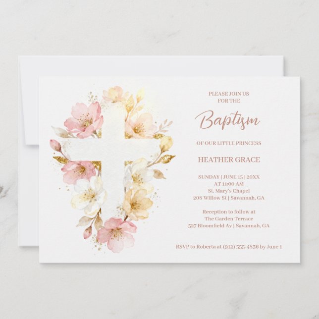 Dreamy Pink Shades Floral Cross-Shape Baptism Invitation (Front)