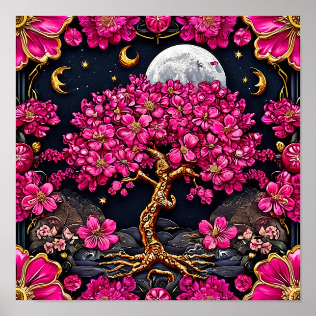Dreamy Pink Tree and Moon Whimsical Fantasy art Poster (Front)