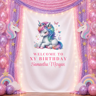 Dreamy Pink Unicorn Girl Birthday Backdrop Tapestry