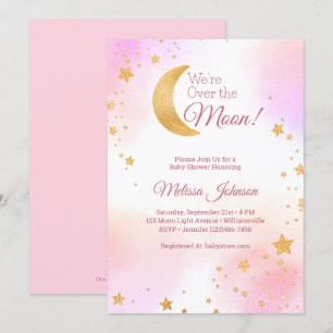 Dreamy Pink We're Over the Moon Girl Baby Shower Invitation