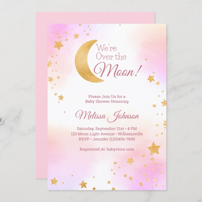 Dreamy Pink We're Over the Moon Girl Baby Shower Invitation (Front/Back)