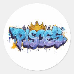 Dreamy Pisces Zodiac Graffiti Airbrush with Crown Classic Round Sticker