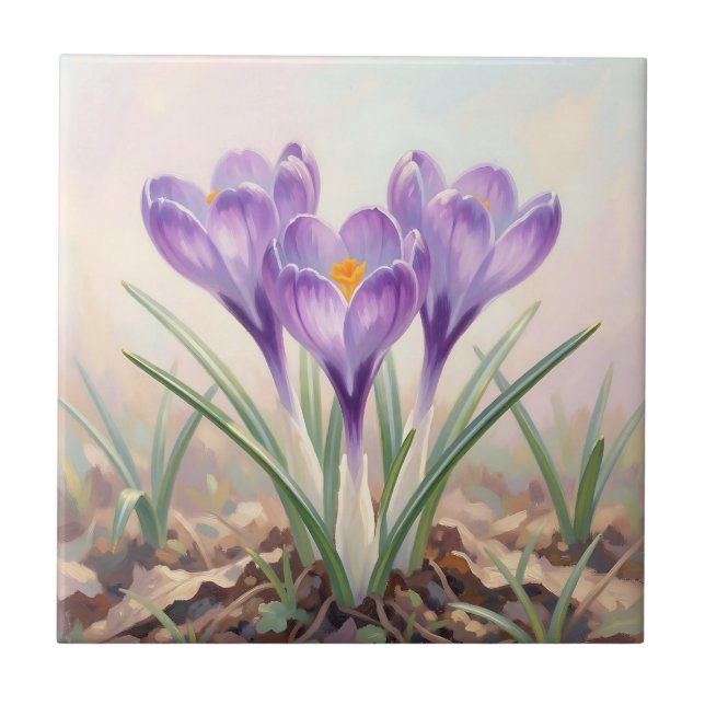 Dreamy Purple Crocus Spring Bloom Ceramic Tile (Front)