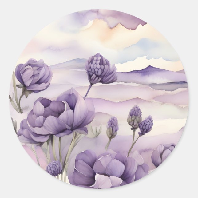 Dreamy Purple Floral Watercolor Classic Round Sticker (Front)