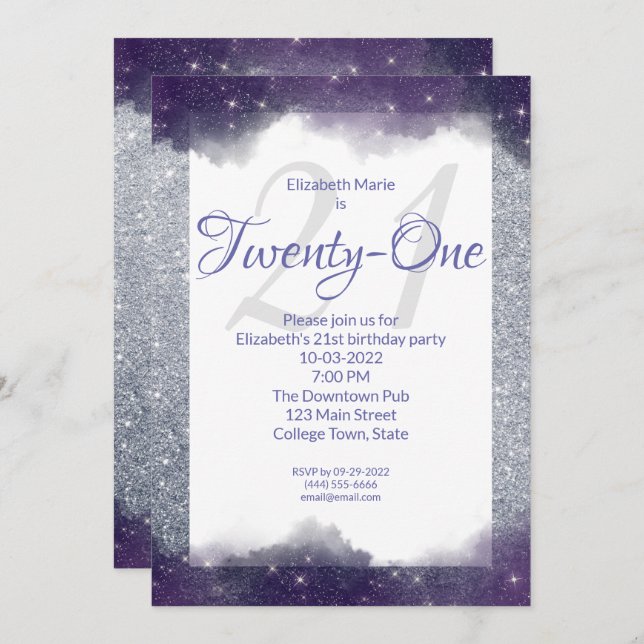 Dreamy Purple Watercolor Glitter 21 Birthday Party Invitation (Front/Back)