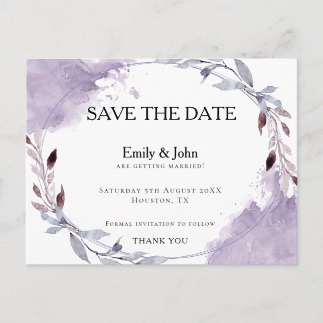 Dreamy Purple Watercolor Leaves/Save The Date Postcard (Front)