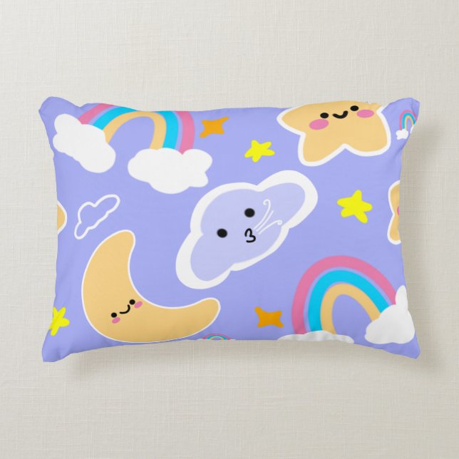 Dreamy Rainbow & Cloud Pattern in Blue Decorative Cushion (Front)