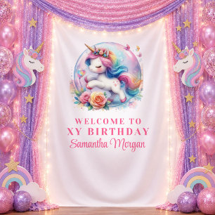 Dreamy Rainbow Unicorn Girl Birthday Backdrop Tapestry