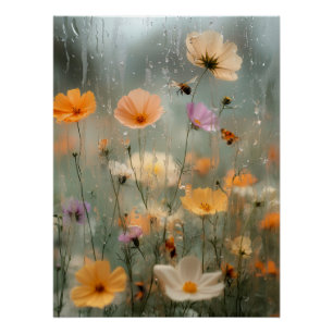 Dreamy Rainy Window Wildflower Garden Painting Poster