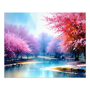 Dreamy Riverbank Under Cherry Blossoms Photo Print