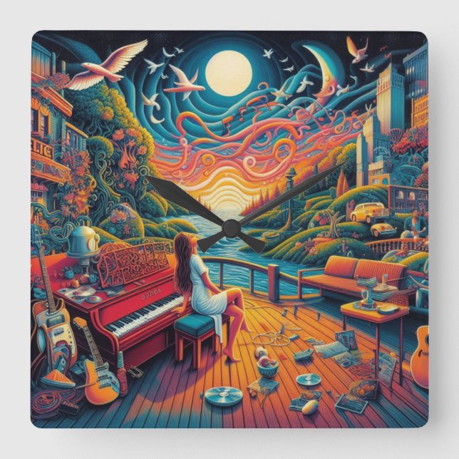 Dreamy Riverfront Harmony Square Wall Clock (Front)