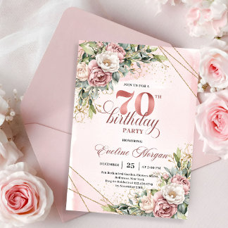 Dreamy Rose Gold Floral Greenery 70th Birthday  Invitation