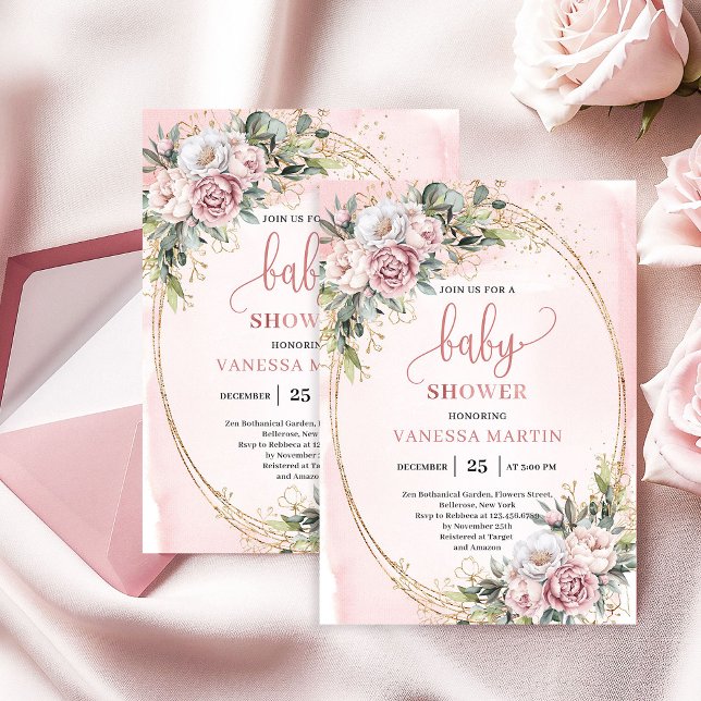 Dreamy Rose Gold Flowers Greenery Girl Baby Shower Invitation (Dreamy Rose Gold Flowers Greenery Girl Baby Shower)