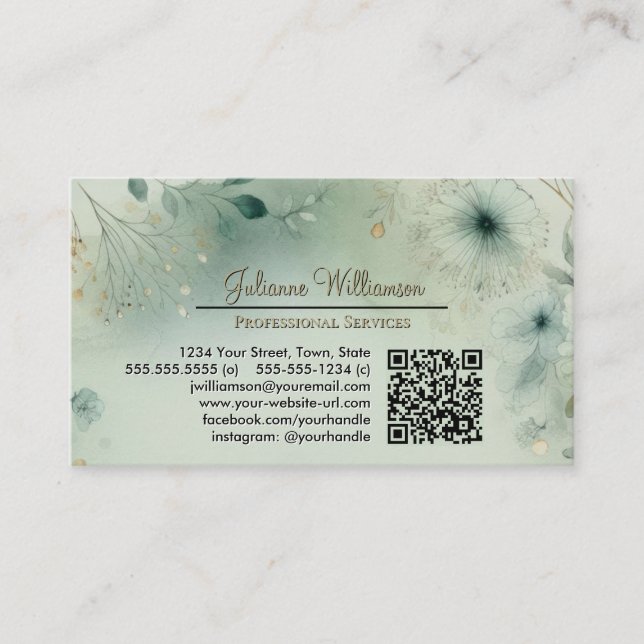 Dreamy Sage Green & Gold Watercolor QR Code Business Card (Front)