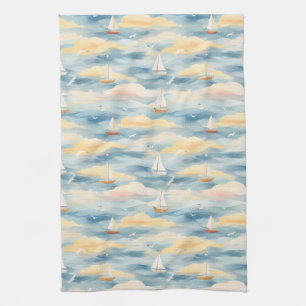 Dreamy Sailboats Ocean Watercolor Pattern (2) Tea Towel