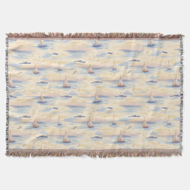 Dreamy Sailboats Ocean Watercolor Pattern (2) Throw Blanket (Front)