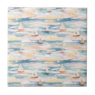 Dreamy Sailboats Ocean Watercolor Pattern (3) Ceramic Tile