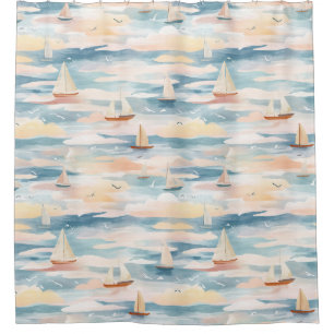 Dreamy Sailboats Ocean Watercolor Pattern (3) Shower Curtain