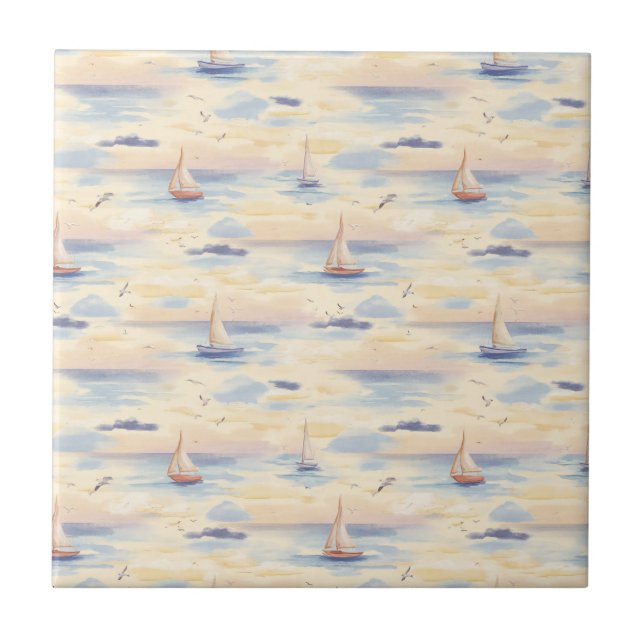 Dreamy Sailboats Ocean Watercolor Pattern (4) Ceramic Tile (Front)