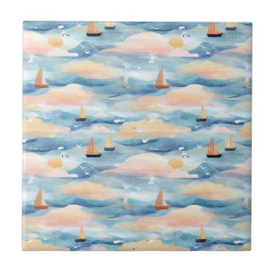 Dreamy Sailboats Ocean Watercolor Pattern (5) Ceramic Tile