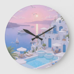 Dreamy Santorini Sunset Coastal View Wall Clock
