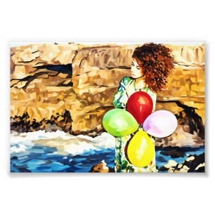 Dreamy Seaside Portrait with Balloons and Waves Photo Print