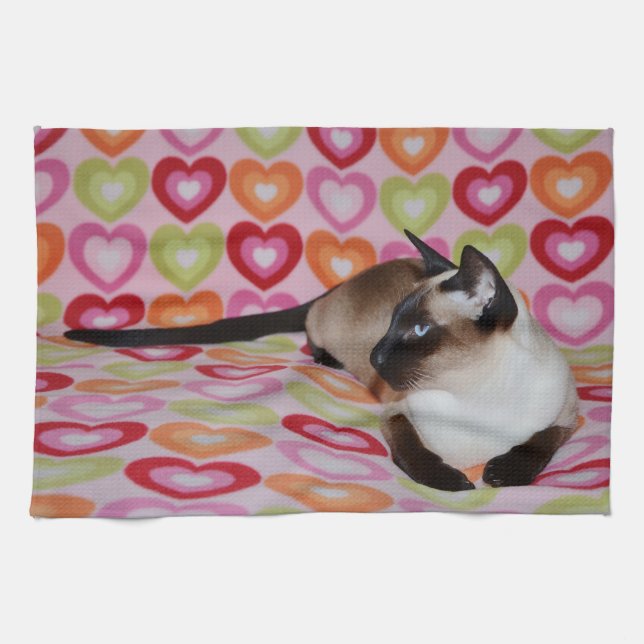 Dreamy Siamese Cat Hearts Tea Towel (Horizontal)