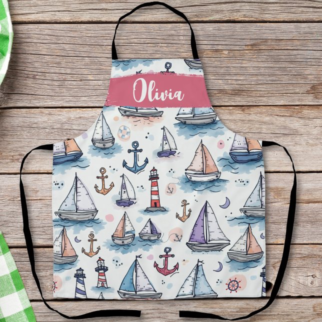 Dreamy Sketches of Sailboats Anchors & Lighthouses Apron (Creator Uploaded)