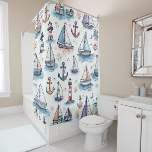Dreamy Sketches of Sailboats Anchors & Lighthouses Shower Curtain