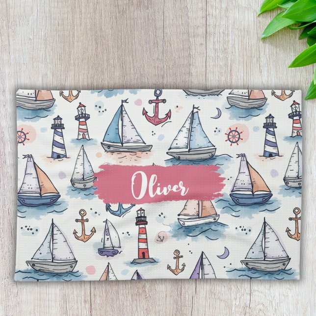 Dreamy Sketches of Sailboats Anchors & Lighthouses Tea Towel (Creator Uploaded)