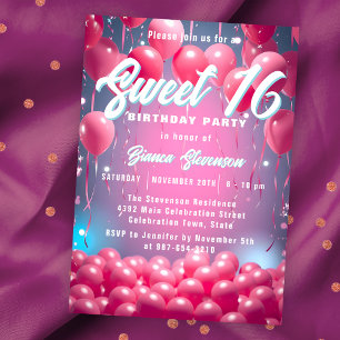 Dreamy Sky Pink Balloons Sweet 16 Birthday Party Invitation