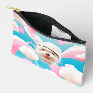Dreamy Sky Puppy: Smiling Bichon with Hat & Clouds Accessory Pouch