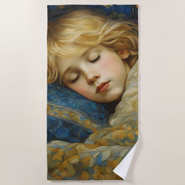 Dreamy Sleeping Child in Floral Quilt Beach Towel (Front)