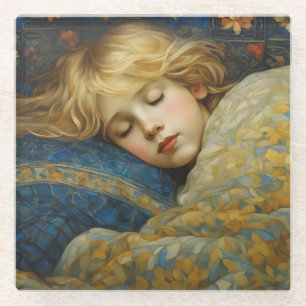 Dreamy Sleeping Child in Floral Quilt Glass Coaster