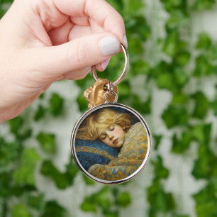 Dreamy Sleeping Child in Floral Quilt Key Ring