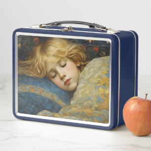 Dreamy Sleeping Child in Floral Quilt Metal Lunch Box