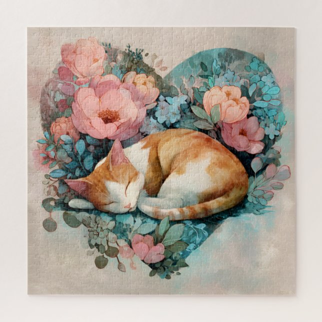 Dreamy Sleeping Ginger Cat Floral Watercolor Jigsaw Puzzle (Vertical)