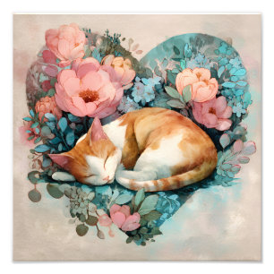Dreamy Sleeping Ginger Cat Floral Watercolor Photo Print