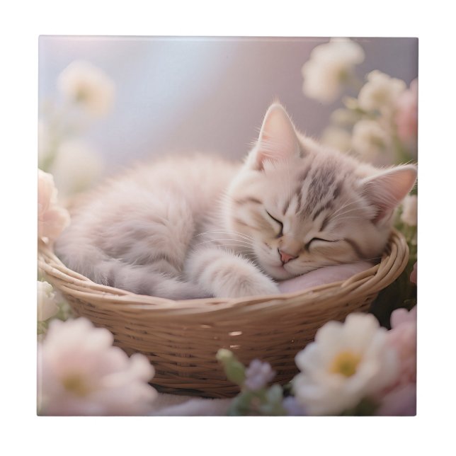 Dreamy Sleeping Kitten Floral Basket Ceramic Tile (Front)