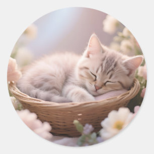 Dreamy Sleeping Kitten Floral Basket Classic Round Sticker