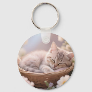 Dreamy Sleeping Kitten Floral Basket Key Ring