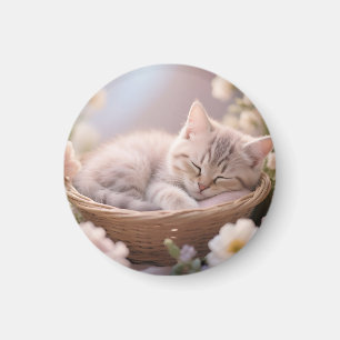 Dreamy Sleeping Kitten Floral Basket Magnet