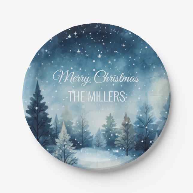 Dreamy snowy watercolor winter landscape paper plate (Front)