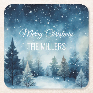 Dreamy snowy watercolor winter landscape square paper coaster