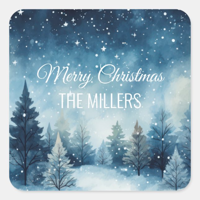 Dreamy snowy watercolor winter landscape square sticker (Front)