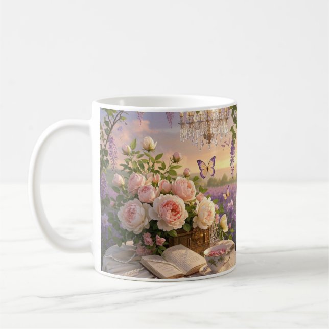 Dreamy, soft-focus scene of a lavish, Floral Coffee Mug (Left)