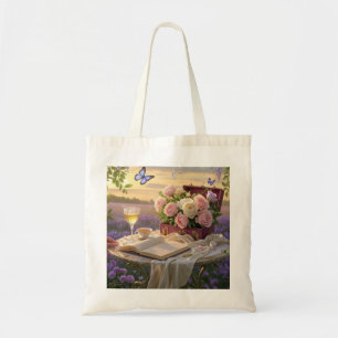 Dreamy, soft-focus scene of a lavish, Floral Tote Bag