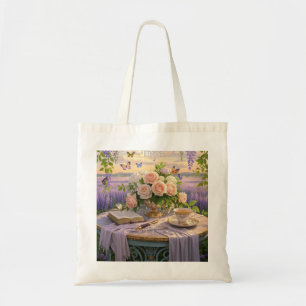 Dreamy, soft-focus scene of a lavish, Floral  Tote Bag