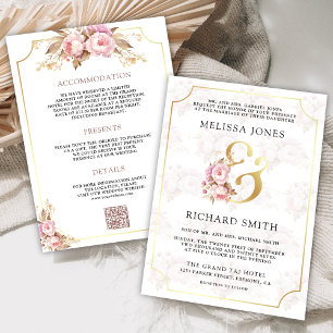 Dreamy Soft Pink Floral Gold All in One Wedding Invitation