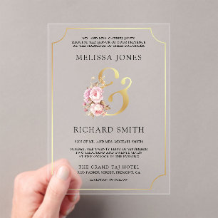 Dreamy Soft Pink Floral Gold Wedding Acrylic Invitations